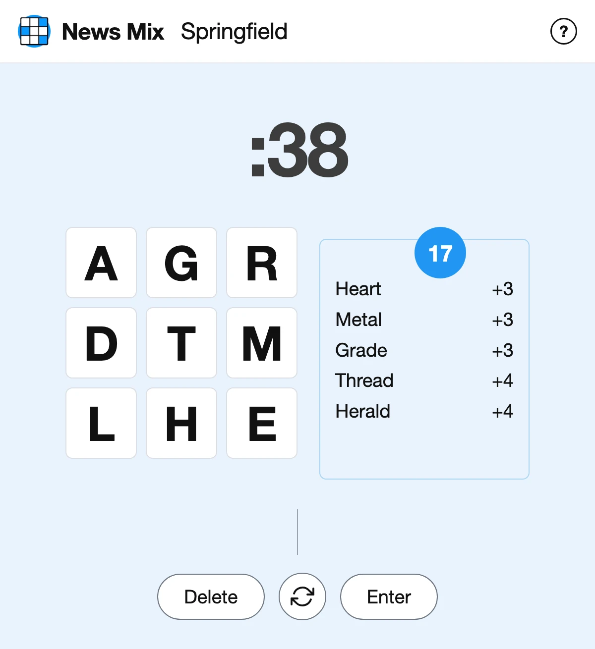 A News Mix round in progress: the nine-letter board, the clock, and the words found so far with a running score