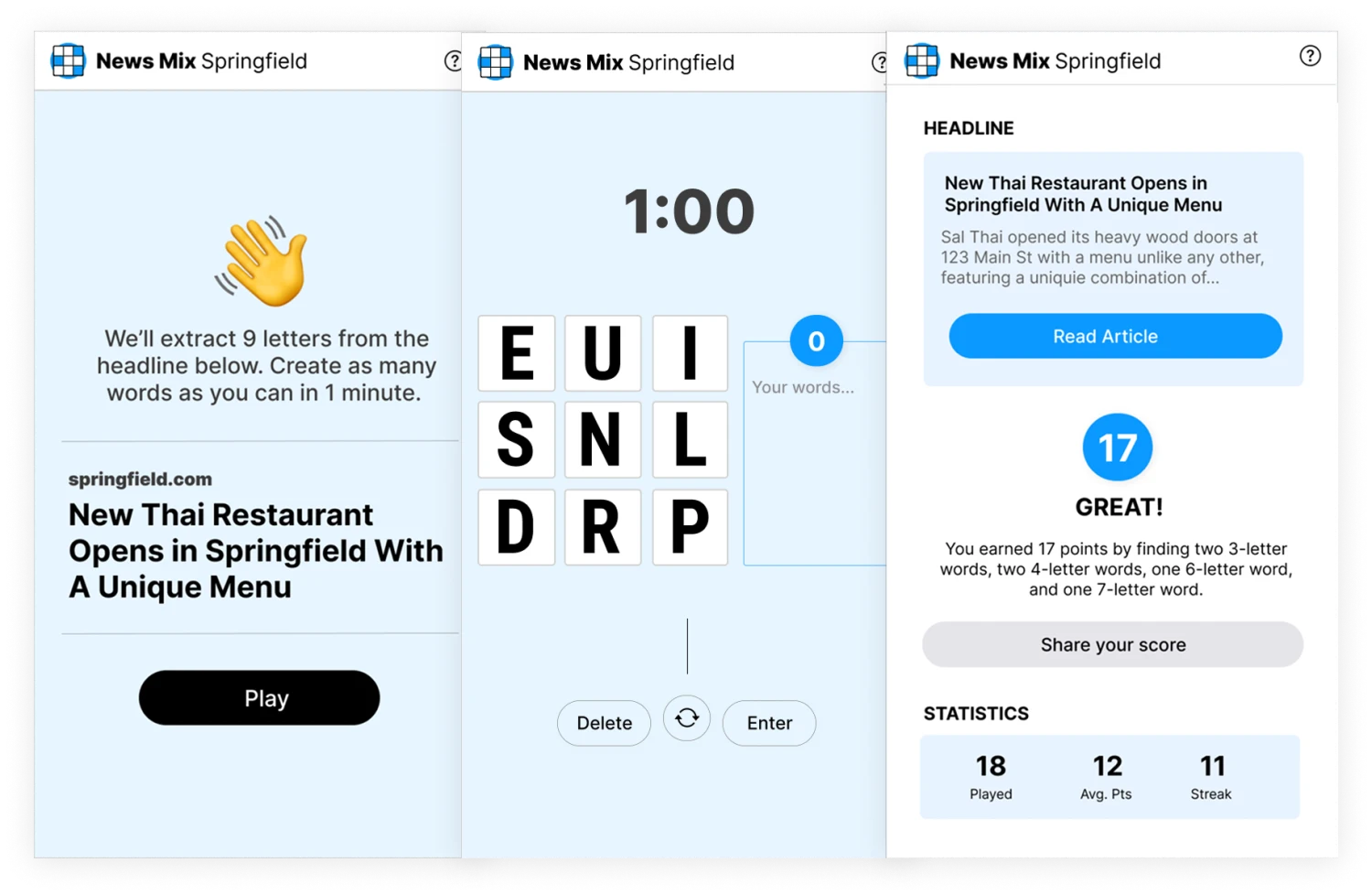 News Mix: the start screen with the day's headline, the nine-letter board with a one-minute timer, and the end screen with the article and score