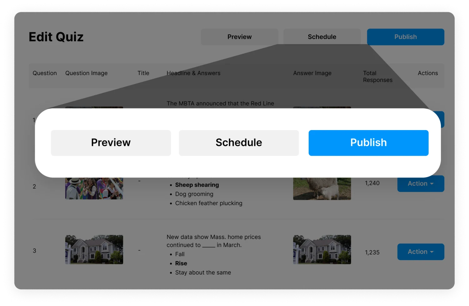 Preview, schedule and publish controls in the News Quiz creator
