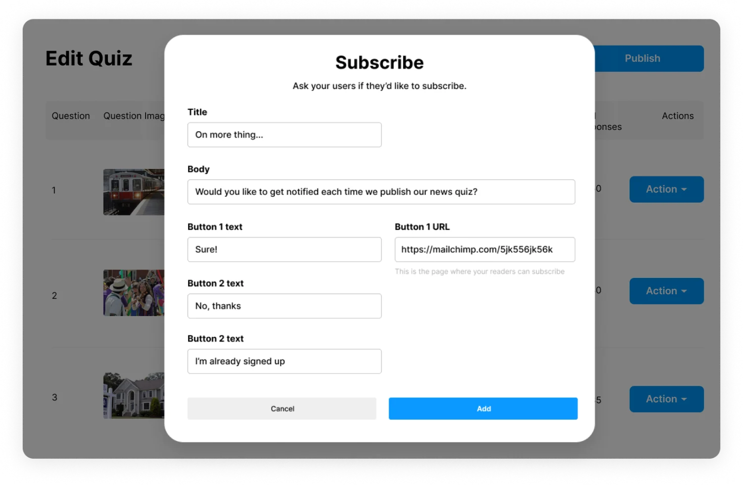 A subscription card added to the end of a news quiz